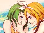  2girls artist_request bare_shoulders blonde_hair blue_eyes blush green_hair gumi hair_bow hairclip kagamine_rin smile source_request vocaloid wink 