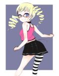  asymmetrical_clothes bad_id bespectacled blonde_hair blue_eyes camisole dance_dance_revolution ddr drill_hair glasses lowres one_thighhigh oza_watto simple_background single_thighhigh smile solo striped striped_legwear striped_thighhighs thigh-highs thighhighs twin_drills twintails yuni_(dance_dance_revolution) 