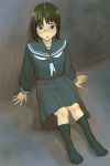 brown_eyes glasses kneehighs long_skirt mochisuna school_uniform short_hair sitting socks 