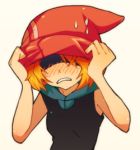  blush dismay dismay_(pokemon) fusion haruka_(pokemon) hat hat_over_eyes hikari_(pokemon) kasumi_(pokemon) lowres orange_hair pokemon simple_background solo white_background 