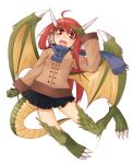  ahoge bad_id dragon_ears dragon_girl fang horns lesskiss long_hair monster_girl open_mouth red_eyes red_hair redhead scarf smile tail wings 