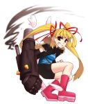  bike_shorts blonde_hair boots brown_eyes detached_wings grin lesskiss long_hair mecha mecha_musume original power_fist smile smoke solo twintails wings 