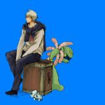  1boy aron blue_background chain cradily pokemon pokemon_(creature) pokemon_(game) pokemon_rse silver_hair simple_background sitting suitcase tsuwabuki_daigo wp3 