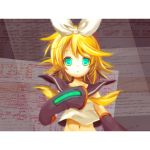  glowing glowing_eyes green_eyes kagamine_rin kokoro_(vocaloid) midriff nigo short_hair solo vocaloid 