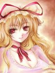  breasts cleavage color_ink_(medium) eyebrows face hat lips long_hair portrait red_eyes ribbon ribbon_choker smile sugai touhou traditional_media yakumo_yukari 