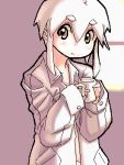  brown_eyes cup lowres monochrome oekaki open_clothes open_shirt pink pink_background white_hair white_shirt window 