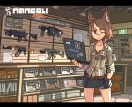  ak-47 animal_ears assault_rifle bandaid_on_nose belt blue_eyes brown_hair computer g36k gun hand_in_pocket highres laptop m4_carbine nancou_(nankou) original rifle short_hair skirt tagme weapon wink 