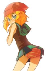  blonde_hair blue_eyes blush dismay dismay_(pokemon) fusion haruka_(pokemon) hat hikari_(pokemon) kasumi_(pokemon) orange_hair panties pantyshot pantyshot_(standing) pokemon simple_background skirt solo striped striped_panties underwear white_background wind_lift 