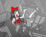  bad_id barefoot black_hair bow building buildings city dress giant giantess hair_bow happy pac-man_eyes patterned red_eyes ribbon ribbons 