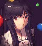  1girl :d balloon black_hair boa_(brianoa) bow bowtie commentary english_commentary highres houraisan_kaguya long_hair looking_at_viewer open_mouth portrait purple_background red_eyes ringed_eyes simple_background smile solo touhou white_bow white_neckwear 