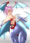  1girl absurdres anima_(togashi) animal_print ass bangs bare_shoulders bat_print breasts bridal_gauntlets commentary_request demon_girl fingernails fur_trim gradient gradient_background head_wings highleg highleg_leotard highres leotard lilith_aensland lips looking_at_viewer looking_back low_wings pantyhose parted_lips pink_eyes pink_hair pointy_ears red_leotard shiny shiny_clothes shiny_skin short_hair small_breasts strapless strapless_leotard succubus thighs vampire_(game) wings 