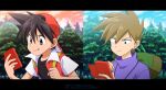  2boys :q backwards_hat bangs baseball_cap black_hair black_shirt blue_oak brown_eyes brown_hair clenched_hand closed_mouth clouds commentary_request day green_bag hair_between_eyes hands_up hat holding jacket kibisakura2 letterboxed male_focus multiple_boys outdoors pokedex pokemon pokemon_adventures red_(pokemon) shirt short_sleeves sky smile spiky_hair t-shirt tongue tongue_out tree 