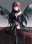  1girl akemi_homura akuma_homura black_gloves black_hair black_wings breasts crossed_legs elbow_gloves gloves hand_on_own_chin highres long_hair looking_at_viewer mahou_shoujo_madoka_magica mahou_shoujo_madoka_magica_movie mary_janes painterly red_ribbon ribbon shoes small_breasts smile solo tami_(zagh5778) thigh-highs violet_eyes wings 