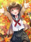  1girl amagi_shino autumn autumn_leaves bangs beige_cardigan black_legwear black_skirt blurry_foreground brown_hair cardigan green_eyes hair_between_eyes highres leaf looking_at_viewer lying maple_leaf neckerchief on_back open_cardigan open_clothes open_mouth original outstretched_arms outstretched_hand pantyhose pleated_skirt red_neckwear sailor_collar school_uniform serafuku shirt short_hair signature sketchbook skirt smile solo white_shirt 