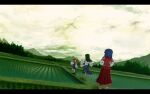 3girls blonde_hair blue_dress blue_skirt clouds cloudy_sky detached_sleeves double_bogey dress forest grass green_background green_hair hair_ornament hair_tubes hat highres japanese_clothes kochiya_sanae landscape leaf_hair_ornament long_hair long_skirt long_sleeves miko moriya_suwako mountain mountainous_horizon multiple_girls nature nontraditional_miko outdoors pointing puffy_short_sleeves puffy_sleeves purple_hair purple_vest red_shirt red_skirt rice_paddy rope sandals scenery shimenawa shirt short_hair short_over_long_sleeves short_sleeves skirt sky touhou tree vest wallpaper white_legwear white_shirt yasaka_kanako