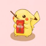  brown_eyes commentary_request food gen_1_pokemon holding mouth_hold no_humans pachipachi326 paws pikachu pocky pocky_day pokemon pokemon_(creature) solo standing 