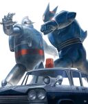  black_ox car clenched_hand fighting fmu ground_vehicle jetpack looking_at_another mecha motor_vehicle no_humans open_hands tetsujin_28 tetsujin_28-gou white_background yellow_eyes 