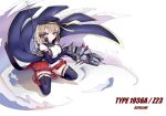  1girl artist_request azur_lane bare_shoulders bow breasts brown_gloves cape capelet character_name cloak detached_sleeves eyebrows_visible_through_hair full_body gloves hair_bow holding holding_weapon iron_cross large_breasts light_brown_hair looking_at_viewer medium_hair pleated_skirt purple_cape purple_legwear purple_sleeves red_skirt retrofit_(azur_lane) simple_background skirt solo thigh-highs violet_eyes weapon white_background z23_(azur_lane) zettai_ryouiki 