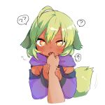  1girl ? ?? ahoge animal_ears bangs blush brown_eyes commentary_request cropped_torso dark_skin detached_sleeves disembodied_limb done_(donezumi) eyebrows_visible_through_hair finger_in_another&#039;s_mouth fingernails flying_sweatdrops green_hair hair_between_eyes hands_up long_sleeves original purple_scarf purple_sleeves saliva scarf simple_background sleeves_past_wrists solo_focus spoken_question_mark tail titi-chan_(nezumi_inu) tongue tongue_out upper_body upper_teeth white_background 