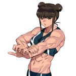  1girl abs bangs bare_arms bare_shoulders biceps brown_eyes brown_hair double_bun hand_on_own_arm highres iwakakeru!_sport_climbing_girls kumagai_chigusa looking_at_viewer muscle muscular_female nail navel onsen_tamago_(hs_egg) shaded_face shading shoulders sports_bra sportswear stretch white_background 