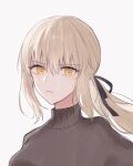  1girl alternate_costume artoria_pendragon_(all) black_ribbon blonde_hair brown_sweater expressionless fate/stay_night fate_(series) hair_between_eyes hair_ribbon looking_at_viewer meltymaple ponytail ribbon saber_alter solo sweater turtleneck upper_body white_background yellow_eyes 