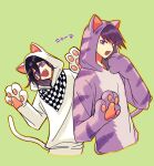  2boys :d animal_costume animal_ears arms_up black_hair cat_costume cat_ears cat_paws cat_tail checkered checkered_scarf commentary_request cropped_torso dangan_ronpa fake_animal_ears fake_tail fang green_background hair_between_eyes hand_up hood hoodie looking_at_viewer male_focus momota_kaito multiple_boys nagi_to_(kennkenn) new_dangan_ronpa_v3 open_mouth ouma_kokichi paws purple_hair scarf simple_background smile tail translation_request violet_eyes white_hoodie 