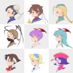  6+girls black_eyes black_hair blonde_hair blue_eyes blue_hair blue_skin braid brown_hair cammy_white capcom character_request chun-li commentary_typo company_connection demon_girl from_side hat head_wings headband highres jiangshi lei_lei lilith_aensland morrigan_aensland multiple_girls purple_hair red_eyes scar short_hair street_fighter succubus vampire_(game) yui35 