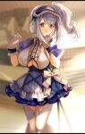  1girl azur_lane bow breasts center_frills clothing_cutout dido_(azur_lane) dido_(muse)_(azur_lane) dress eyebrows_visible_through_hair frilled_dress frills gloves headphones highres large_breasts light_purple_hair long_hair looking_at_viewer plaid plaid_dress purple_dress shibaebi_(yasaip_game) short_dress short_sleeves side_ponytail sideboob solo two-tone_dress under_boob underboob_cutout violet_eyes white_bow white_gloves 