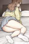  1girl ass bangs bed blush brown_eyes brown_hair cardigan closed_mouth eyebrows_visible_through_hair fingernails frilled_legwear grey_sailor_collar grey_skirt hand_up highres ichikawa_hinana idolmaster idolmaster_shiny_colors indoors liu_chi_tiantang_fr long_hair long_sleeves looking_at_viewer looking_back lying miniskirt no_shoes on_bed on_side panties parted_bangs pillow pleated_skirt profile sailor_collar school_uniform sideways_glance skirt skirt_lift smile socks soles solo thighs underwear white_legwear white_panties yellow_cardigan 