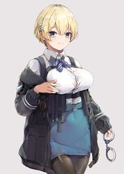  1girl absurdres bangs belt black_gloves black_jacket black_legwear blonde_hair blue_belt blue_eyes blue_neckwear blue_skirt breasts button_gap chinese_commentary collared_shirt commentary_request covered_navel cowboy_shot cuffs eyebrows_visible_through_hair framed_breasts girls_frontline gloves grey_background hair_between_eyes hair_ornament handcuffs highres holding_handcuffs jacket large_breasts lez long_sleeves looking_at_viewer magazine_(weapon) miniskirt mole mole_under_eye neck_ribbon off-shoulder_jacket open_clothes open_jacket pantyhose ribbon shirt shirt_tucked_in short_hair sidelocks simple_background skirt smile snap-fit_buckle snowflake_hair_ornament solo standing striped striped_neckwear thighband_pantyhose vsk-94_(girls_frontline) white_shirt 