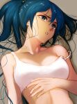  1girl absurdres bangs bare_shoulders blue_eyes blue_hair breasts earrings hair_between_eyes hair_spread_out hand_on_own_chest highres jewelry leona_heidern long_hair lying ponytail solo spehd0228 strap_slip tank_top the_king_of_fighters upper_body white_tank_top 