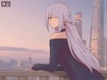  1girl against_railing ak-15_(girls_frontline) bare_shoulders black_choker blurry blurry_background building choker day depth_of_field dress earrings from_behind girls_frontline hair_over_one_eye j_adsen jewelry light_blush long_hair long_sleeves looking_at_viewer looking_back moscow one_eye_covered outdoors parted_lips photo_background ponytail purple_hair railing skyscraper solo strapless strapless_dress violet_eyes 