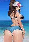  1girl ass back baseball_cap beach black_bra blue_eyes blurry blurry_background bra breasts brown_hair cowboy_shot cutoffs denim denim_shorts depth_of_field from_behind hand_on_own_wrist hat high_ponytail highres hilda_(pokemon) kisou_(kisou00) large_breasts long_hair looking_back no_shirt pokemon pokemon_(game) pokemon_bw ponytail short_shorts shorts solo underwear whale_tail 