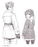  1boy 1girl closed_mouth commentary_request dated from_behind fur_hat hair_ornament hairclip hat hirasawa_yui horikou k-on! long_sleeves looking_at_viewer looking_back miniskirt pantyhose parted_lips pleated_skirt scarf short_hair signature skirt smile soldier soviet_army standing ushanka 
