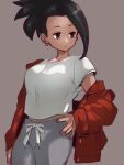  1girl black_eyes black_hair dragon_ball dragon_ball_super earrings grey_background hand_on_hip jacket jewelry kale_(dragon_ball) kemachiku navel red_jacket shirt short_hair simple_background solo t-shirt 