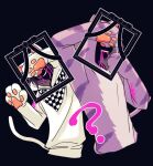  2boys ? animal_costume animal_ears arms_up black_background black_hair blood blood_from_mouth cat_costume cat_ears cat_paws cat_tail checkered checkered_scarf commentary_request covering_eyes cropped_torso dangan_ronpa fake_animal_ears fake_tail grin hair_between_eyes hand_up hood hoodie iei looking_at_viewer male_focus momota_kaito multiple_boys nagi_to_(kennkenn) new_dangan_ronpa_v3 ouma_kokichi paws pink_blood purple_hair scarf simple_background smile spoilers tail translation_request white_hoodie 