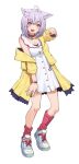  1girl ahoge animal_ears breasts cat_ears cat_girl collar cosplay dress futari_wa_precure highres hololive inugami_korone inugami_korone_(cosplay) mikan_(chipstar182) nekomata_okayu off-shoulder_jacket off_shoulder pose precure purple_hair red_legwear shoes sleeveless sleeveless_dress solo violet_eyes virtual_youtuber white_background white_dress white_footwear 