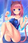  1girl absurdres animal_ears barefoot blue_eyes blue_sky breasts cat_ears cat_tail clouds collarbone competition_swimsuit day highres huge_filesize medium_breasts medium_hair one-piece_swimsuit original outdoors redhead sitting sky solo swimsuit tail umitonakai 