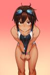  1girl breasts brown_eyes brown_hair dark_skin goggles goggles_on_head gradient gradient_background highres kr_ohoshisama looking_at_viewer original solo watch watch wet whistle 