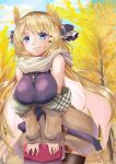  1girl autumn azur_lane bag blonde_hair blue_eyes breasts brown_coat coat coat_dress cross cross_necklace eyebrows_visible_through_hair highres holding holding_bag jewelry large_breasts laurel_crown long_hair necklace outdoors purple_sweater red_bag ribbed_sweater sleeveless_sweater solo sweater sweater_vest taut_sweater_vest thigh-highs victorious_(azur_lane) victorious_(goddess&#039;_day_off)_(azur_lane) yam_(yam6056) 