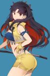  1girl ass bangs bare_shoulders belt black_hair blue_bandeau breasts cropped_vest earrings fate/grand_order fate_(series) fingerless_gloves gloves highres ishtar_(fate)_(all) jewelry katana long_hair looking_at_viewer medium_breasts multicolored_hair neee-t parted_bangs red_eyes redhead short_shorts shorts space_ishtar_(fate) sword thighs tiara two-tone_hair two_side_up vest weapon yellow_gloves yellow_shorts yellow_vest 