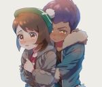  1boy 1girl bangs blush brown_eyes brown_hair buttons cardigan collared_dress commentary_request dark_skin dark_skinned_male dress fur-trimmed_jacket fur_trim gloria_(pokemon) green_headwear grey_cardigan hands_together hat hooded_cardigan hop_(pokemon) hug hug_from_behind jacket pink_dress pokemon pokemon_(game) pokemon_swsh purple_hair radioz shirt short_hair tam_o&#039;_shanter yellow_eyes 