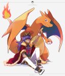  1boy arm_up bangs baseball_cap black_headwear cape character_name charizard commentary_request facial_hair fire flame fur-trimmed_cape fur_trim gen_1_pokemon hat highres leggings leon_(pokemon) long_hair male_focus mayuzumi pokemon pokemon_(game) pokemon_swsh purple_hair red_cape shirt shoes sitting smile teeth white_legwear 