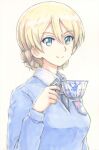  1girl bangs black_neckwear blonde_hair blue_eyes blue_sweater braid closed_mouth commentary cup darjeeling_(girls_und_panzer) dress_shirt emblem girls_und_panzer highres holding holding_cup long_sleeves looking_at_viewer necktie omachi_(slabco) school_uniform shirt short_hair smile solo st._gloriana&#039;s_(emblem) st._gloriana&#039;s_school_uniform sweater teacup tied_hair traditional_media twin_braids upper_body v-neck watercolor_(medium) white_shirt wing_collar 
