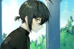  1boy ahoge alternate_hairstyle bangs black_hair black_jacket blurry blurry_background brown_eyes closed_mouth commentary_request dangan_ronpa day depth_of_field expressionless from_side hair_between_eyes jacket looking_at_viewer male_focus new_dangan_ronpa_v3 outdoors ponytail profile saihara_shuuichi short_ponytail sihye_(sihye1202) solo striped_jacket upper_body 