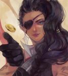  1girl arm_tattoo black_eyepatch black_gloves black_hair coin earrings eyepatch face gloves green_eyes jewelry league_of_legends long_hair mole mole_above_mouth parted_lips pink_lips samira shibakawa single_earring smile solo tattoo upper_body 