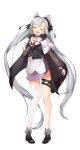  1girl absurdres asymmetrical_legwear aug_para_(girls_frontline) boots bow bowtie cape choker closed_eyes dress girls_frontline hair_ribbon hand_on_own_chest highres long_hair looking_at_viewer open_mouth ribbon saett silver_hair skindentation solo thigh_pouch twintails very_long_hair white_background 