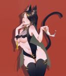  1girl absurdres animal_ears ass_visible_through_thighs badao_zhu_ge bare_arms bare_shoulders black_hair black_legwear breasts brown_eyes cat_ears cat_tail clothing_cutout cowboy_shot drop_shadow fangs finger_licking fingernails hair_over_one_eye hand_to_own_mouth hands_up highres large_breasts leotard licking long_hair navel open_mouth original red_background revealing_clothes see-through shadow simple_background solo standing stomach stomach_cutout tail tail_raised thigh-highs thigh_gap thighs tongue under_boob very_long_hair 