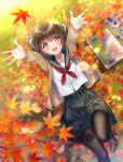  1girl amagi_shino autumn autumn_leaves bangs beige_cardigan black_legwear black_skirt blurry_foreground brown_footwear brown_hair cardigan green_eyes hair_between_eyes highres knee_up leaf loafers looking_at_viewer lying maple_leaf neckerchief on_back open_cardigan open_clothes open_mouth original outstretched_arms outstretched_hand paint paintbrush painting pantyhose pleated_skirt red_neckwear sailor_collar school_uniform serafuku shirt shoes short_hair signature sketchbook skirt smile solo white_shirt 