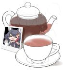  1girl =_= alternate_costume animal_ears bad_id bad_twitter_id black_hair cup fox_ears hair_ornament hairclip hololive jacket matarou_(matarou072) ookami_mio open_mouth photo_(object) plate simple_background solo tea teacup teapot v virtual_youtuber white_background 